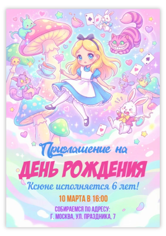 Приглашение на день рождения «Алиса в Стране чудес»