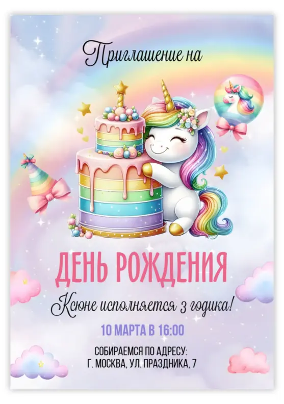 Приглашение на день рождения с единорогом и тортиком