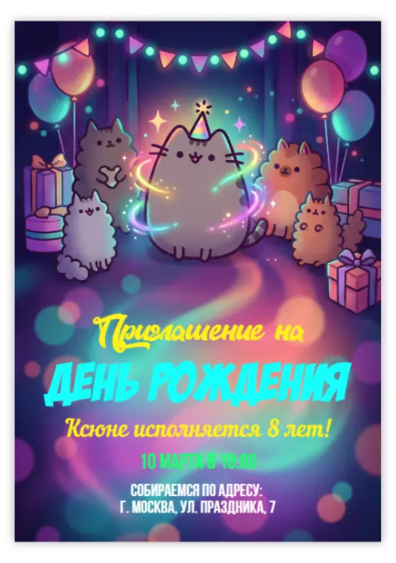 Приглашение на день рождения с котом Пушин