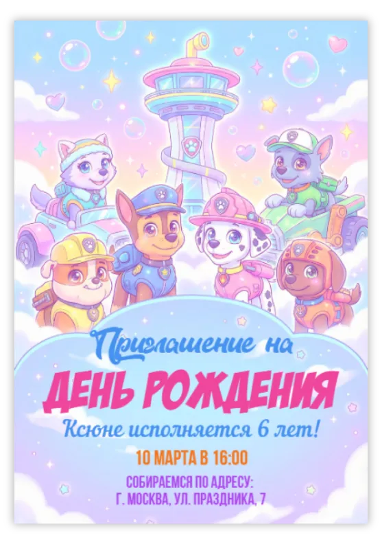 Приглашение на день рождения «Щенячий патруль»