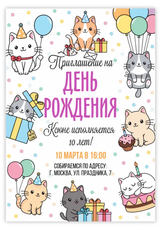 Приглашение на день рождения со смешными котиками