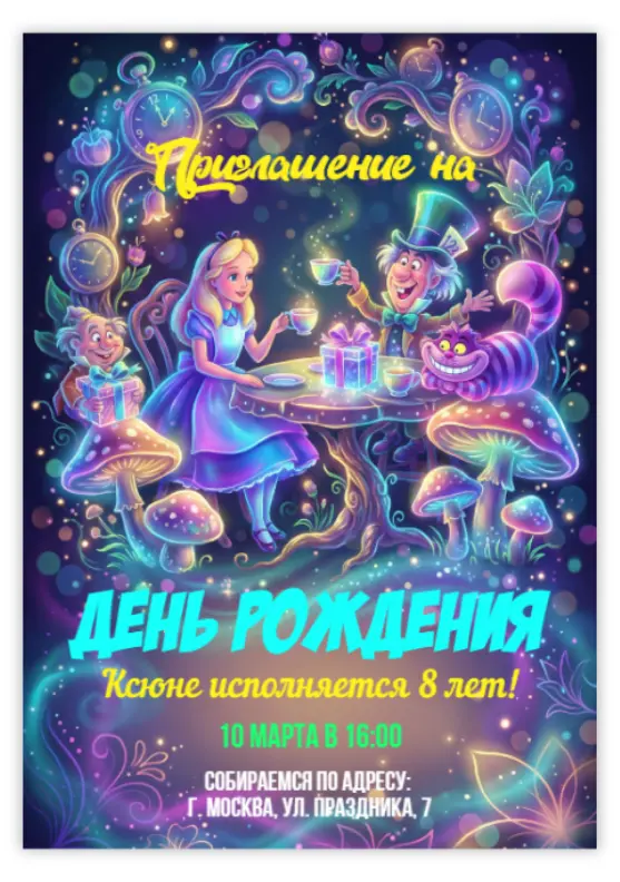Приглашение на день рождения в стиле Алиса в Стране чудес