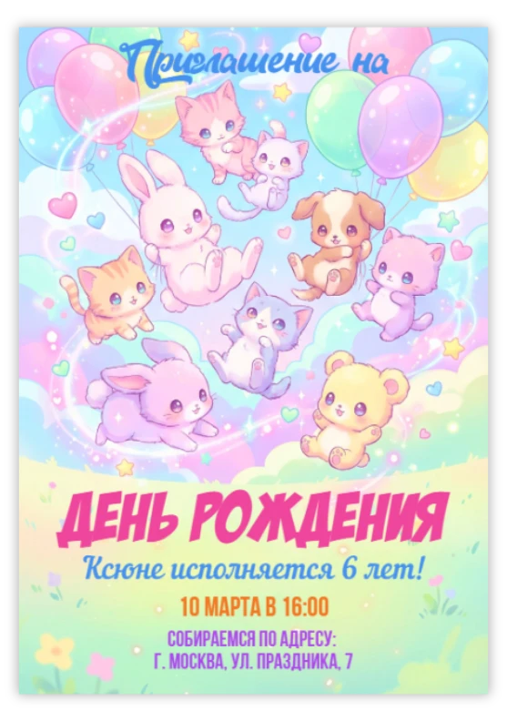 Приглашение на день рождения «Животные с шариками»