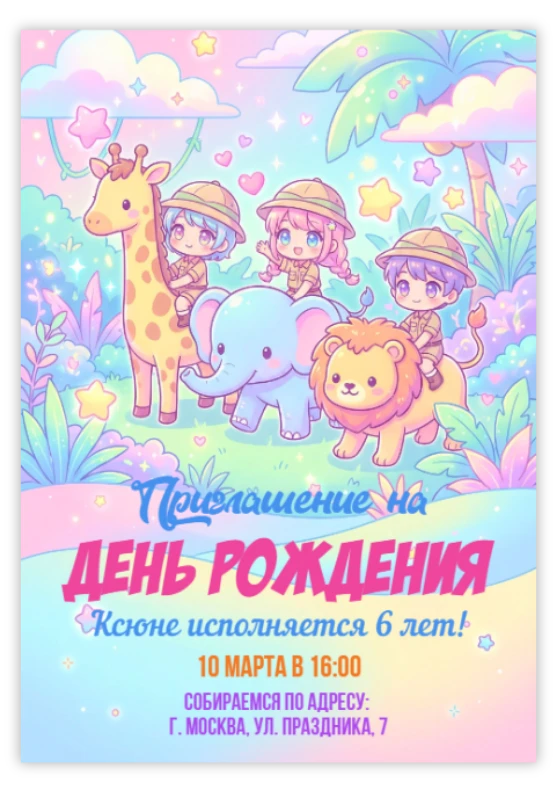 Приглашение на день рождения «Животные сафари»