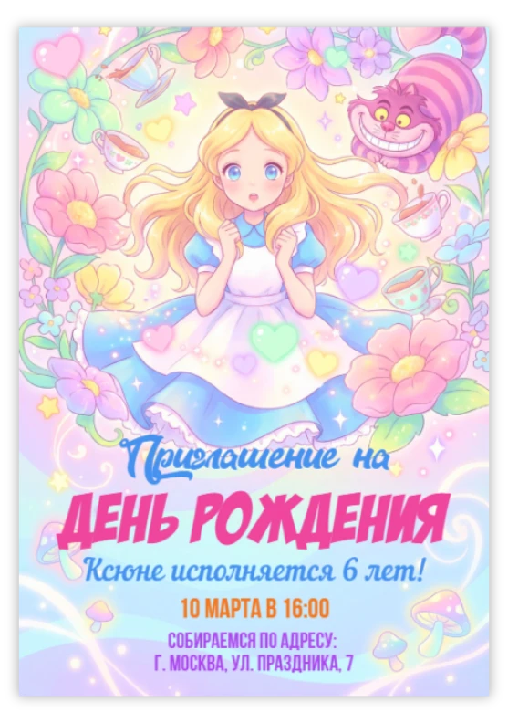 Приглашение на праздник «Алиса в Стране чудес»
