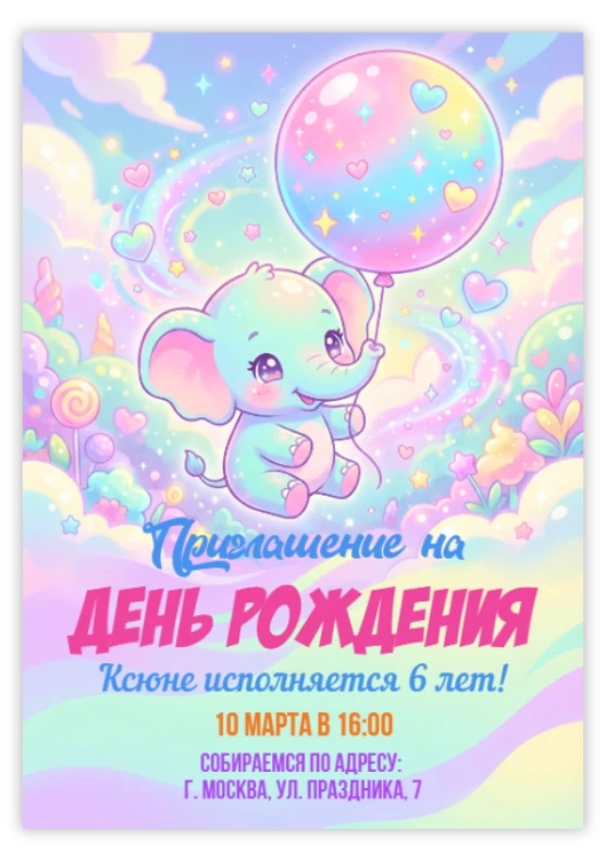 Приглашение на праздник «Слоник с шариком»