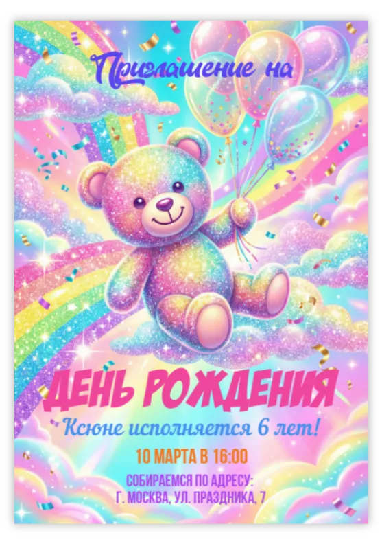 Приглашение на вечеринку «Медведь с шариками»