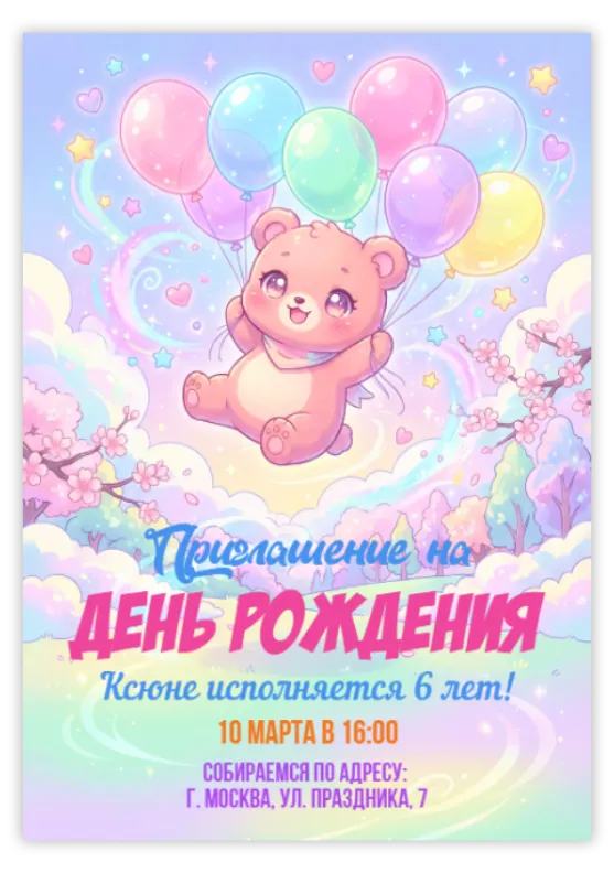 Пригласительное «Медведь с шариками»