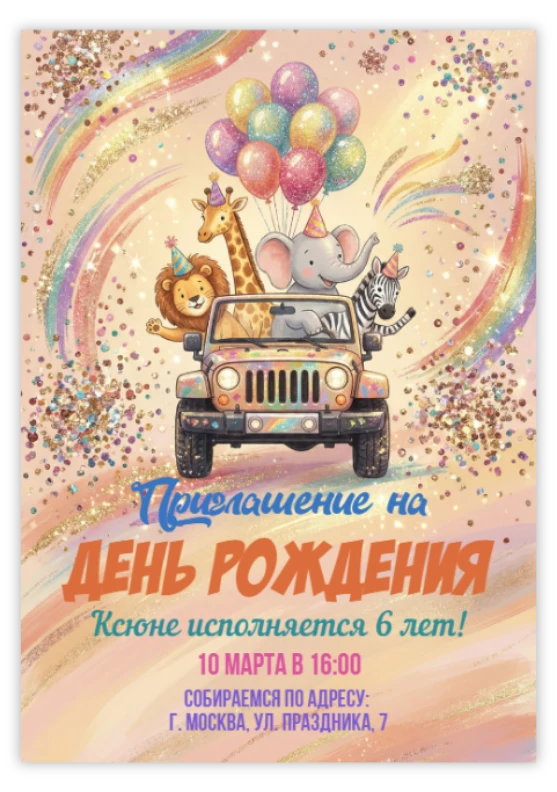 Пригласительное на вечеринку «Животные в автомобиле»