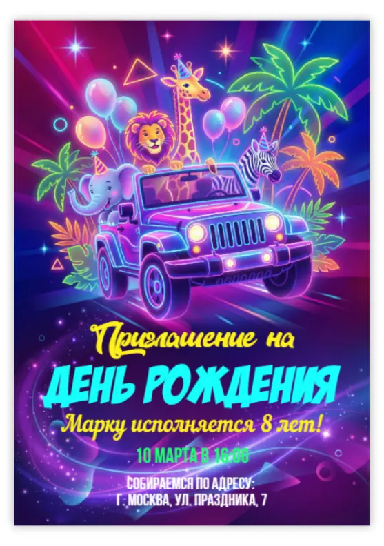 Пригласительное с животными в тачке